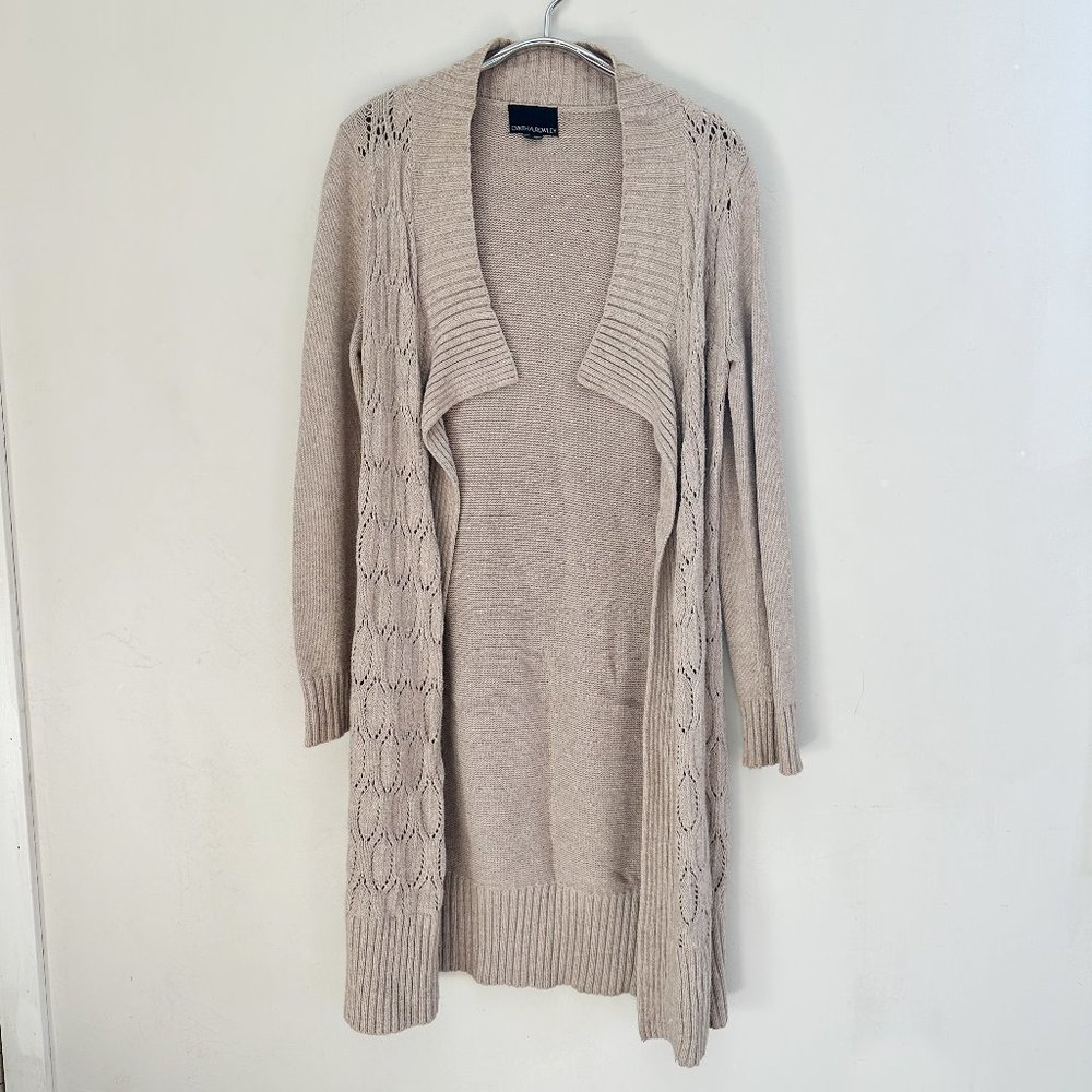 Cynthia Rowley Mock Neck Open Front Long Beige Cardigan